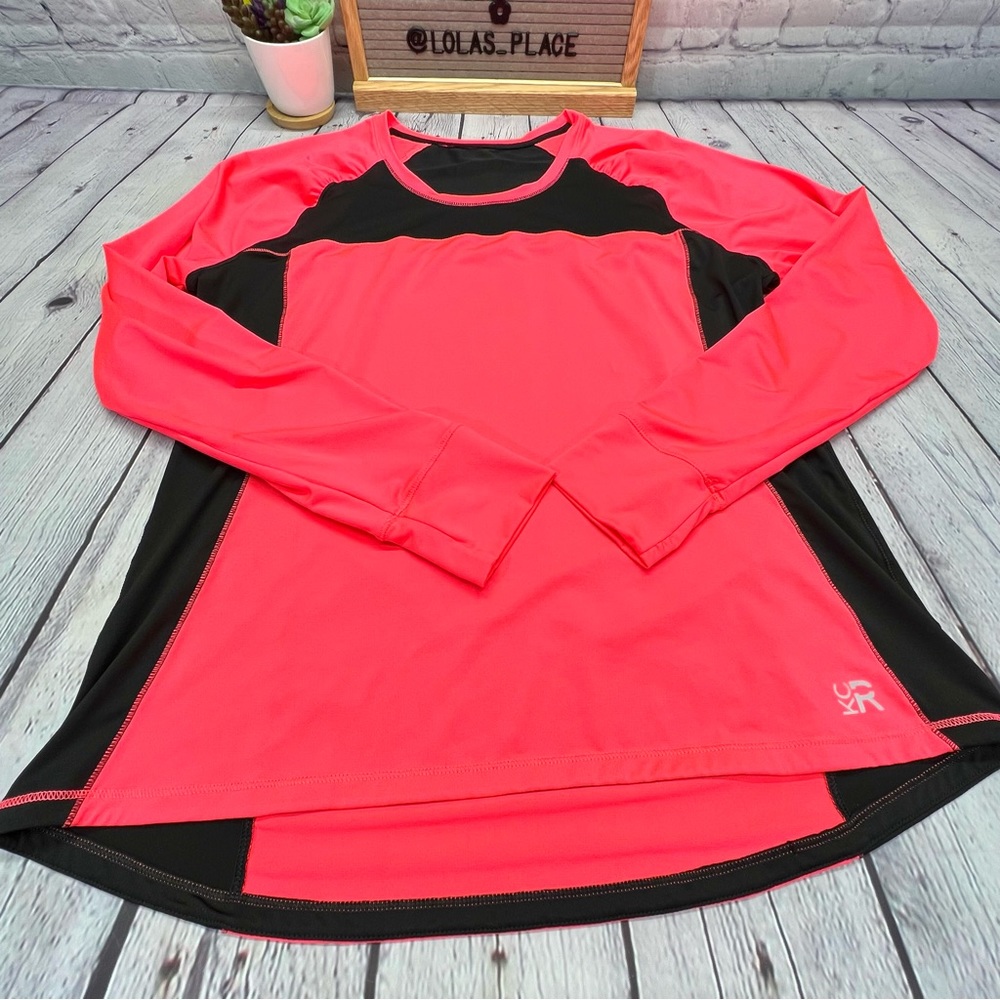 KCR Womens Long Sleeve, Thumb Loop Fluorescent/Black Mesh Workout Top
